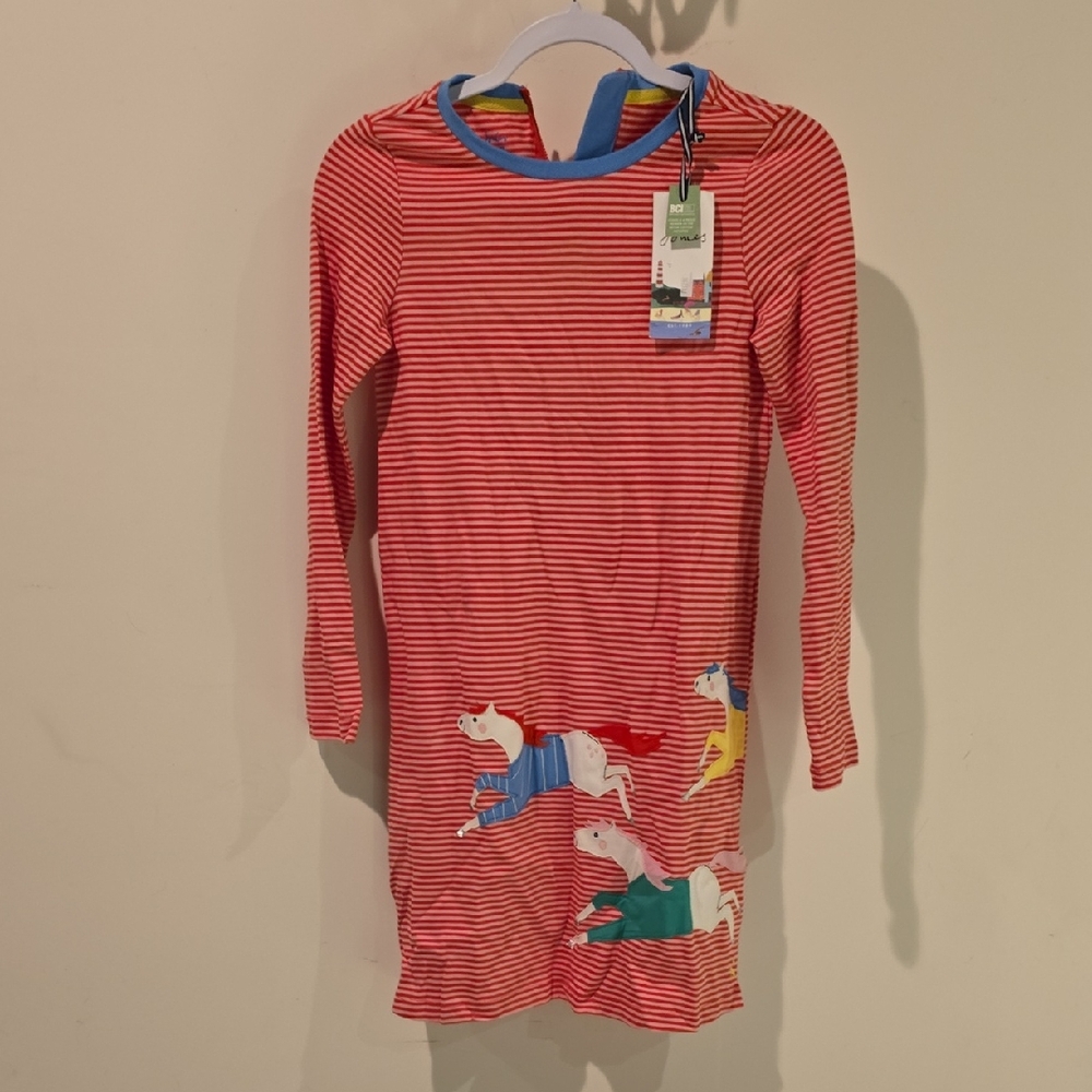 Joules Red Striped Kids Dress with Colorful Horses